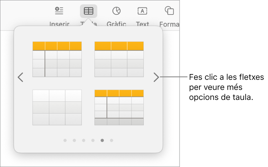 El menú “Afegeix una taula”, amb les fletxes de navegació.