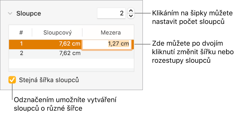 Panel Uspořádání v Inspektoru formátu s ovládacími prvky pro sloupce