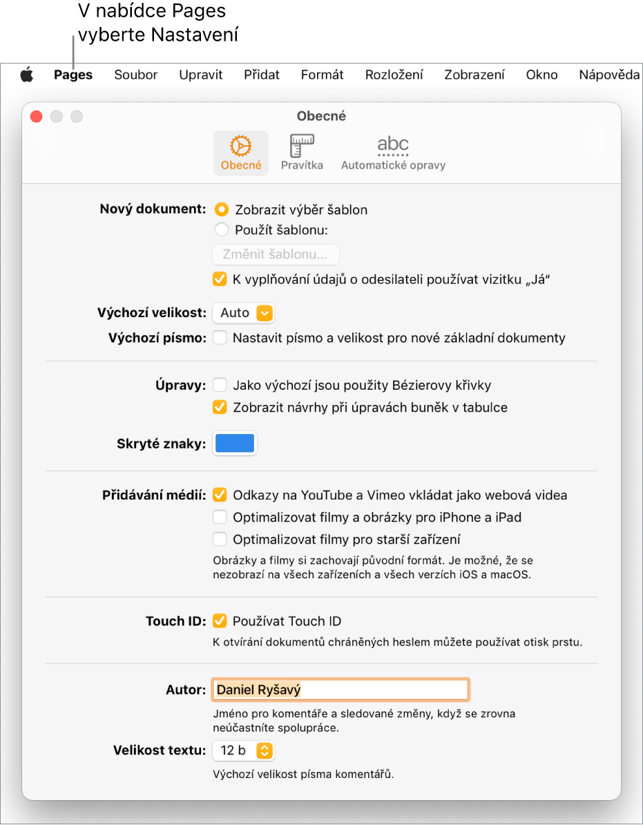 Panel nastavení Pages se zobrazenou kartou Obecné