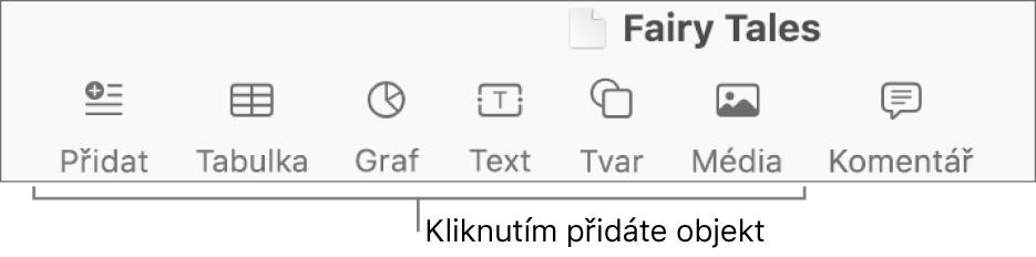 Panel nástrojů s tlačítky pro přidání tabulek, grafů, textu, tvarů nebo médií