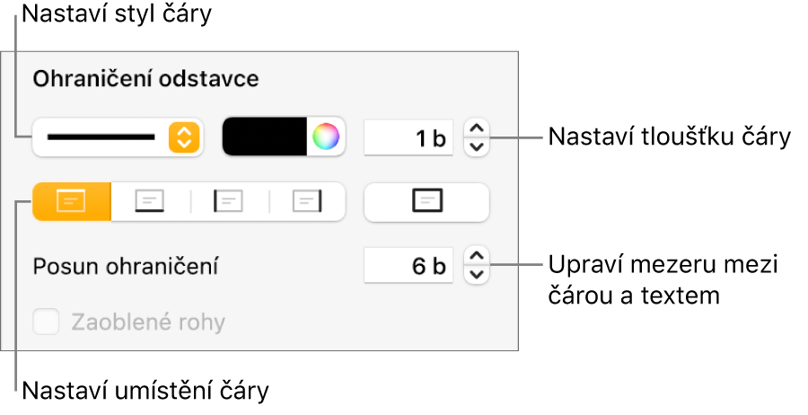 Ovládací prvky pro změnu stylu čáry, její tloušťky, umístění a barvy