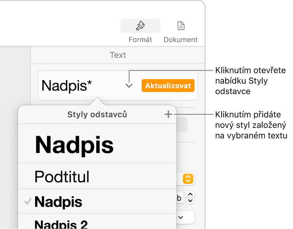 Nabídka Styly odstavců s ovládacími prvky pro přidání nebo změnu stylu