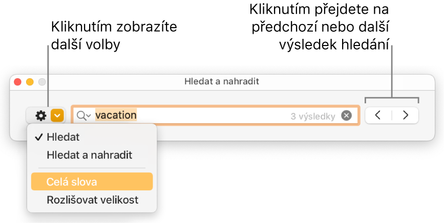 Okno Hledat a nahradit s místní nabídkou obsahující volby Hledat, Hledat a nahradit, Celá slova a Rozlišovat velikost. Pomocí šipek na pravé straně můžete přejít na předchozí nebo následující výsledek hledání.