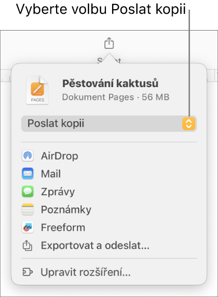 Nabídka sdílení, v níž je nahoře vybraná volba Poslat kopii