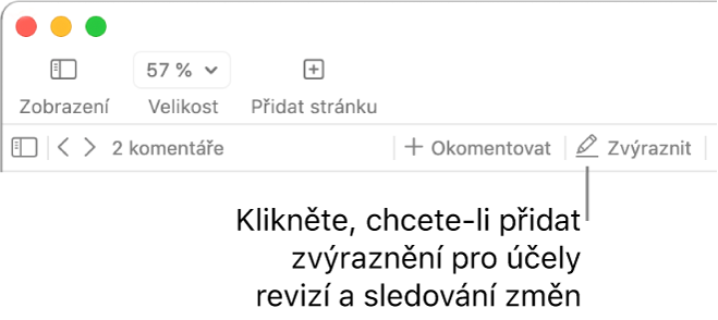 Řádek nabídek s nabídkou Přidat a pod ní panel nástrojů Pages se zobrazenými nástroji pro kontrolu a popiskem u tlačítka Zvýraznit