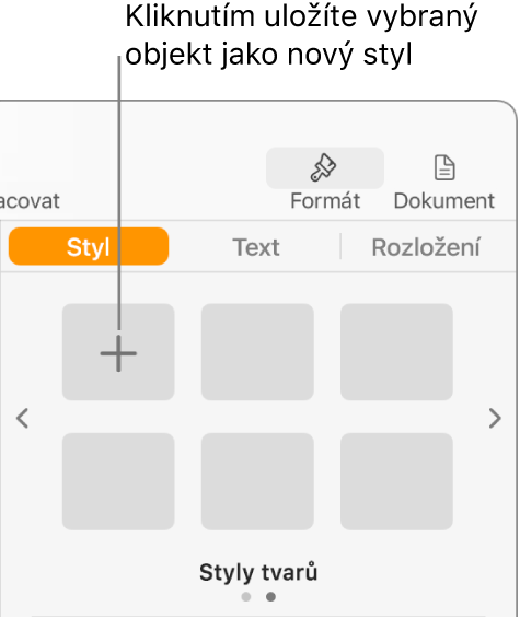 Panel Styl na bočním panelu Formát s tlačítkem Vytvořit styl v levém horním rohu a pěti prázdnými maketami stylu