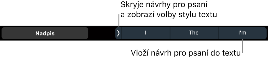 Touch Bar MacBooku Pro s ovládacími prvky pro výběr stylu textu, skrytí návrhů pro psaní a přidávání návrhů pro psaní