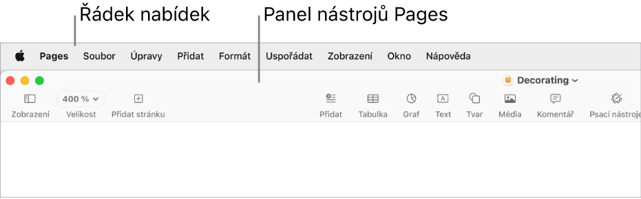 Řádek nabídek u horního okraje obrazovky s nabídkami Apple, Pages, Soubor, Upravit, Přidat, Formát, Rozložení, Zobrazení, Okno a Nápověda. Pod řádkem nabídek je otevřený dokument Pages, v horní části je panel nástrojů s tlačítky Zobrazení, Velikost, Přidat stránku, Přidat, Tabulka, Graf, Text, Tvar, Média, Komentář, Sdílet a Formát.