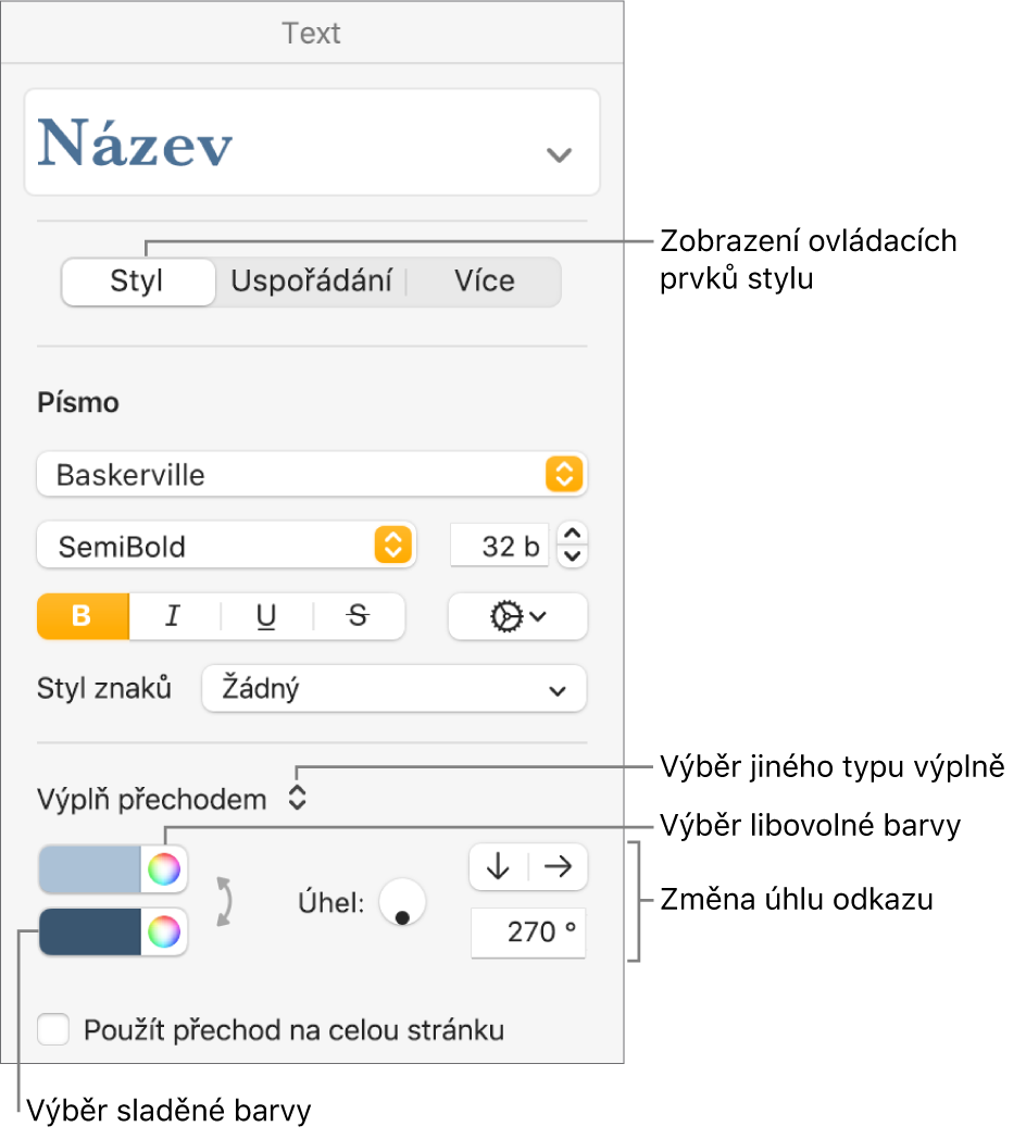 Ovládací prvky pro výběr předem nastavených barev nebo libovolné barvy