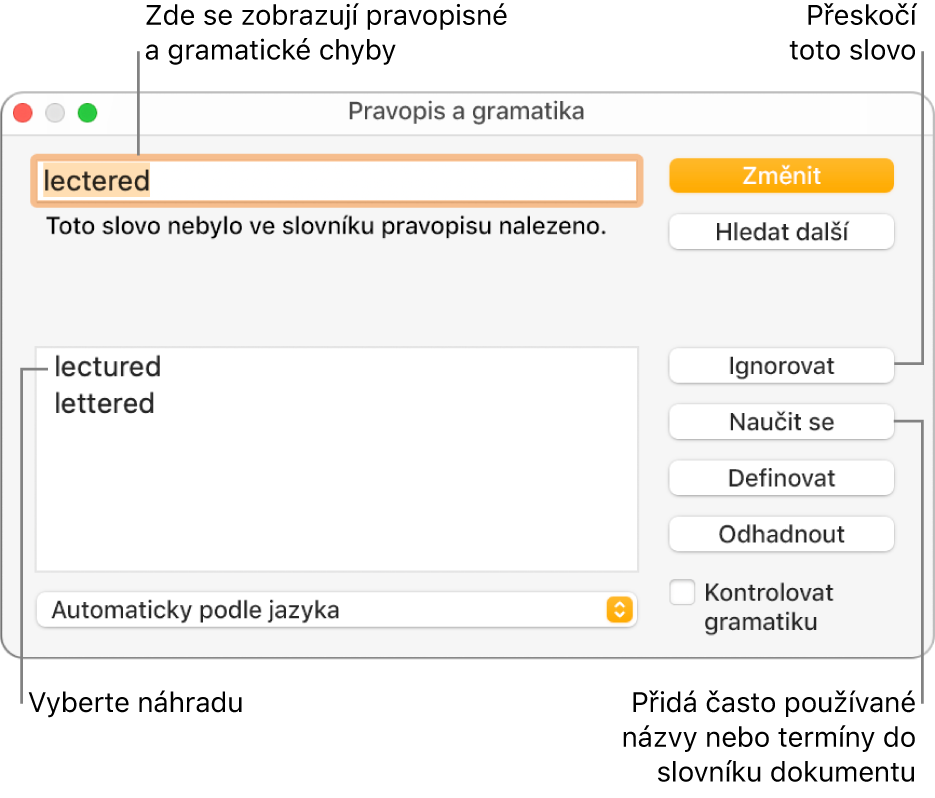 Okno Pravopis a gramatika