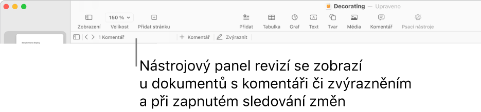 Panel nástrojů Pages podél horního okraje obrazovky s tlačítky Zobrazení, Velikost, Přidat stránku, Přidat, Tabulka, Graf, Text, Tvar, Média a Komentář. Pod panelem nástrojů Pages se nachází panel nástrojů kontroly s tlačítkem pro zobrazení a skrytí komentářů, šipkami pro přechod na předchozí či následující komentář, celkový počet komentářů a tlačítka pro přidání nebo zvýraznění komentáře.