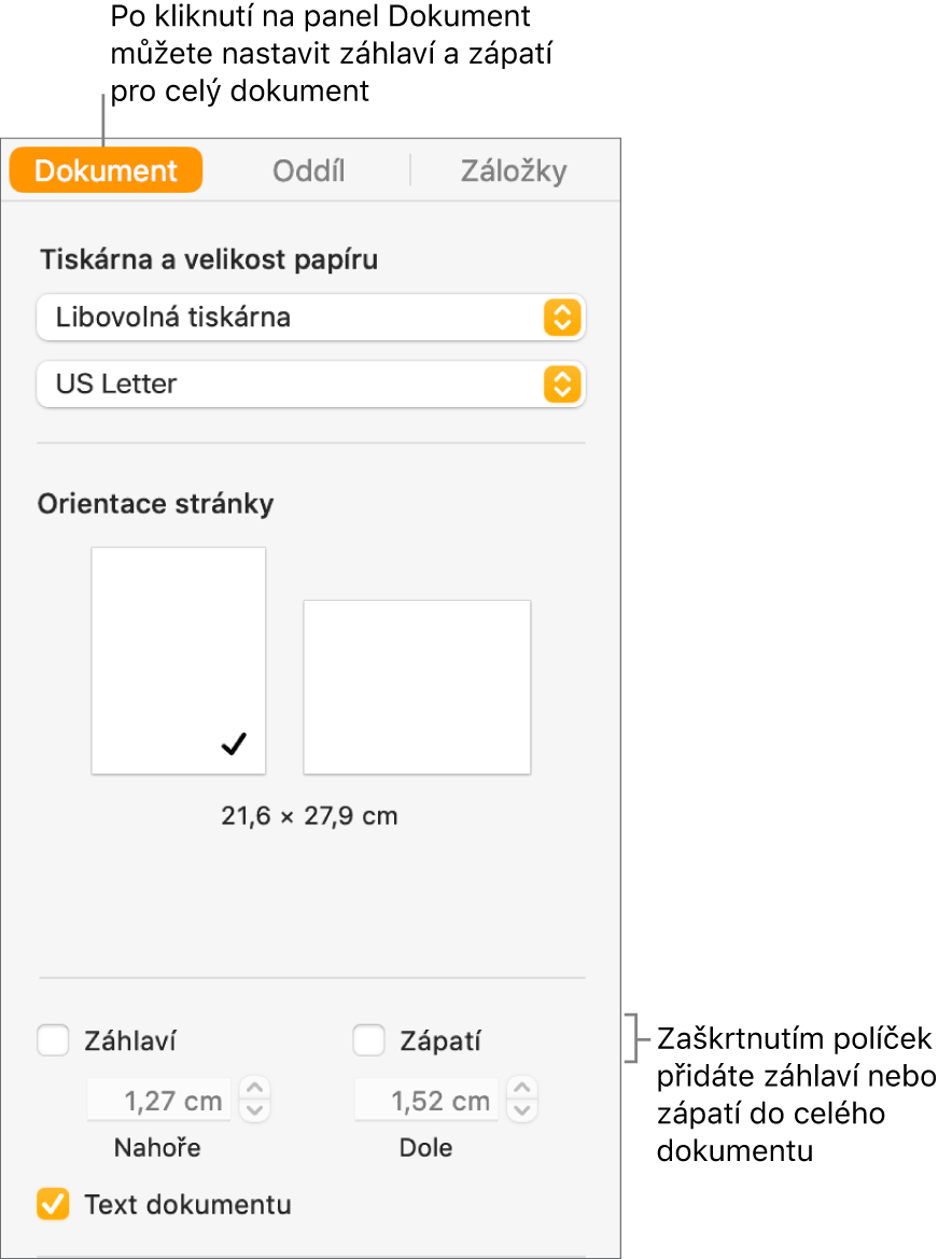 Boční panel Dokument; nahoře na panelu je vybraná karta Dokument. Pod zaškrtávacími políčky Záhlaví a Zápatí se nacházejí šipky, jimiž lze podle potřeby změnit odstup záhlaví a zápatí od horního, resp. dolního okraje stránky.