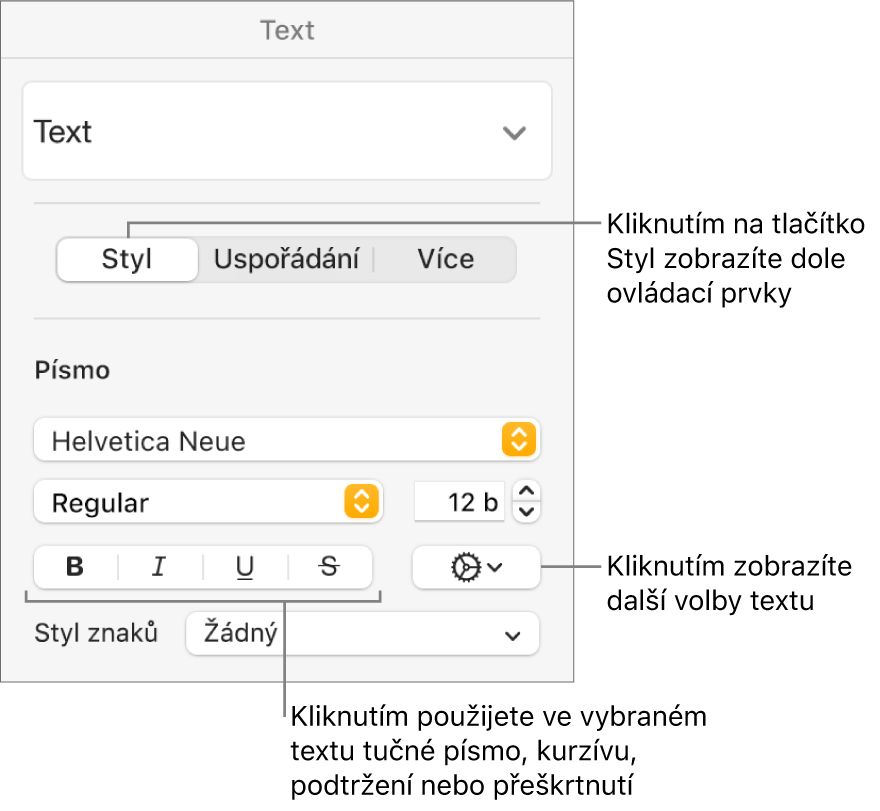 Ovládací prvky stylu s popisky tlačítek Tučné, Kurzíva, Podtržené a Přeškrtnuté na bočním panelu Formát