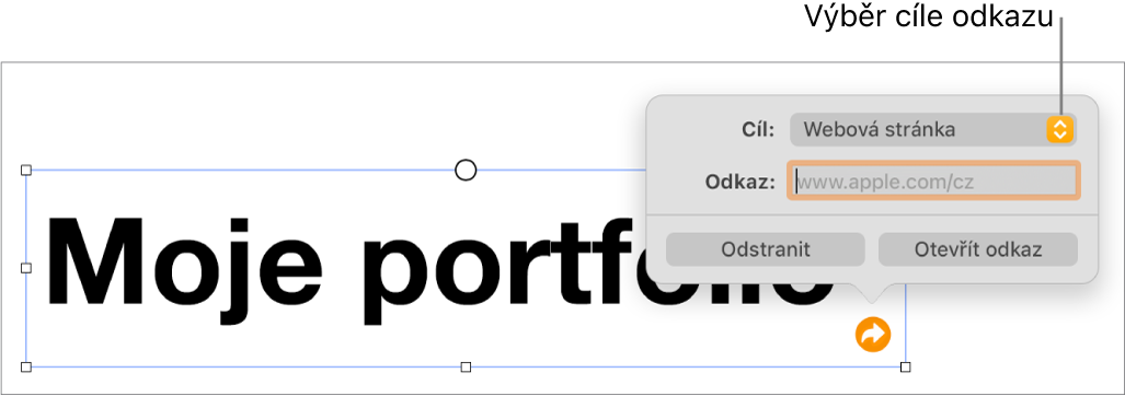 Ovládací prvky editoru odkazů s vybranou volbou Webová stránka a tlačítky Odstranit a Otevřít odkaz v dolní části.