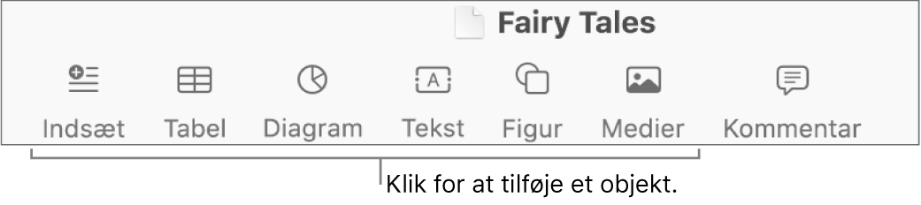 Værktøjslinjen med knapper til at tilføje tabeller, diagrammer, tekst, figurer og medier.