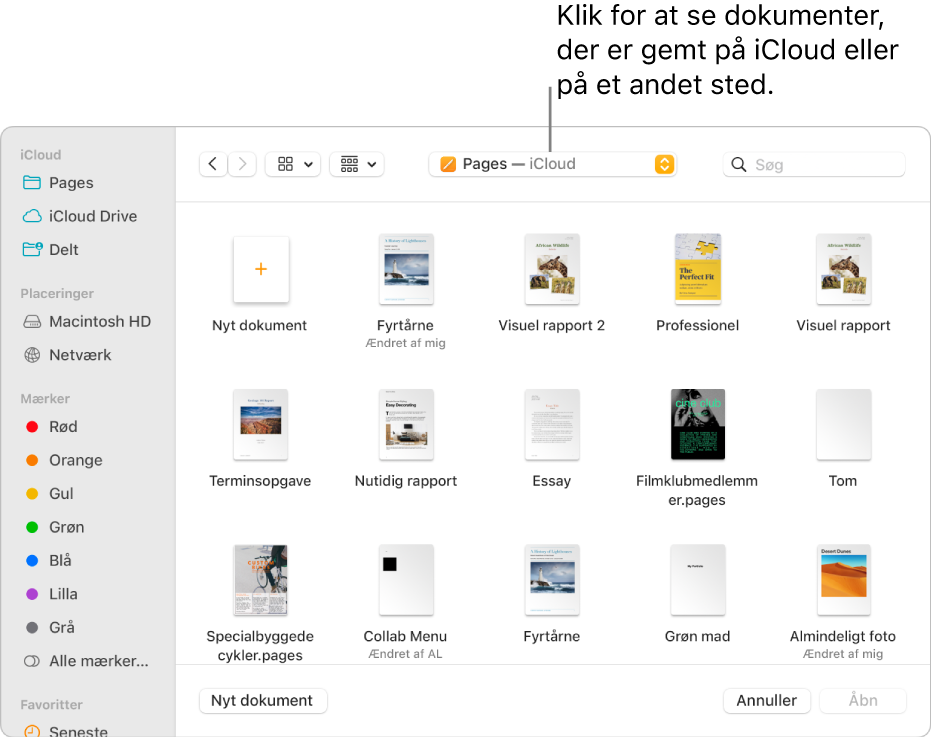 Dialogen Åbn med indholdsoversigten åben til venstre og iCloud Drive valgt på lokalmenuen øverst. Mapper til Keynote, Numbers og Pages vises i dialogen sammen med knappen Nyt dokument.