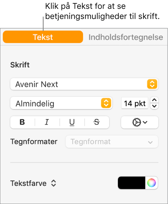 Indholdsoversigten Format med fanen Tekst valgt og betjeningsmulighederne til at skifte skrift og skriftstørrelse og tilføje tegnformater.