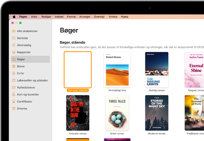 Skabelonvælgeren med Bøger valgt på kategorilisten til venstre og bogskabeloner med stående retning til højre.
