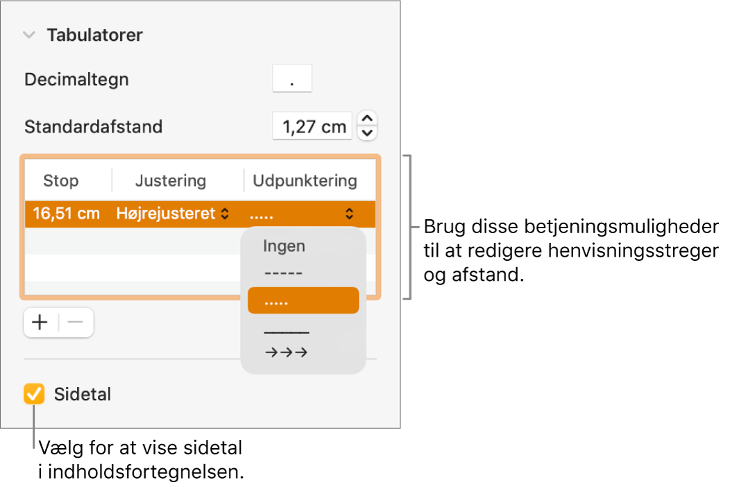 Sektionen Faner i indholdsoversigten Format. Under Standardafstand ses en tabel med kolonner til Stop, Justering og Udpunktering. Afkrydsningsfeltet Sidetal er valgt og ses under tabellen.