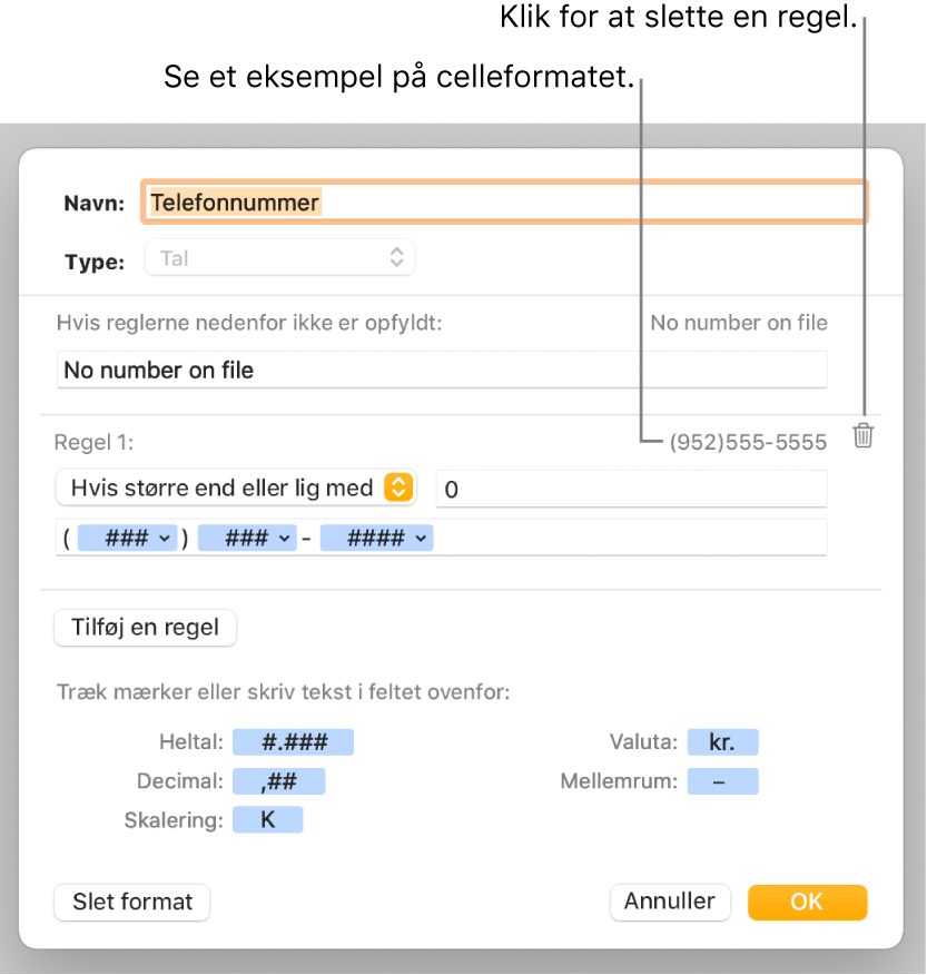 Vinduet til specielle celleformater med betjeningsmuligheder til valg af speciel formatering af tal.