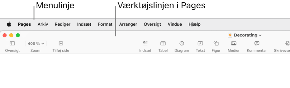 Menulinjen øverst på skærmen med menuerne Apple, Pages, Arkiv, Rediger, Indsæt, Format, Arranger, Oversigt, Vindue og Hjælp. Under menulinjen ses et åbent Pages-dokument med knapperne Oversigt, Zoom, Tilføj side, Indsæt, Tabel, Diagram, Tekst, Figur, Medier, Kommentar, Del, Format på værktøjslinjen øverst.