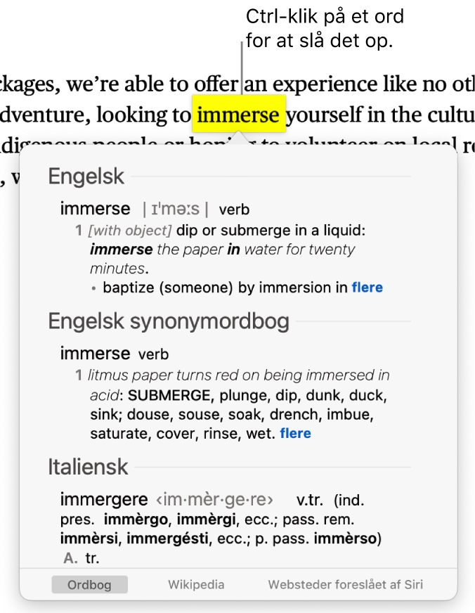 Et afsnit med et markeret ord og et vindue, der viser ordets definition og en indgang fra en synonymordbog. Knapper nederst i vinduet er links til ordbogen, Wikipedia og websteder foreslået af Siri.