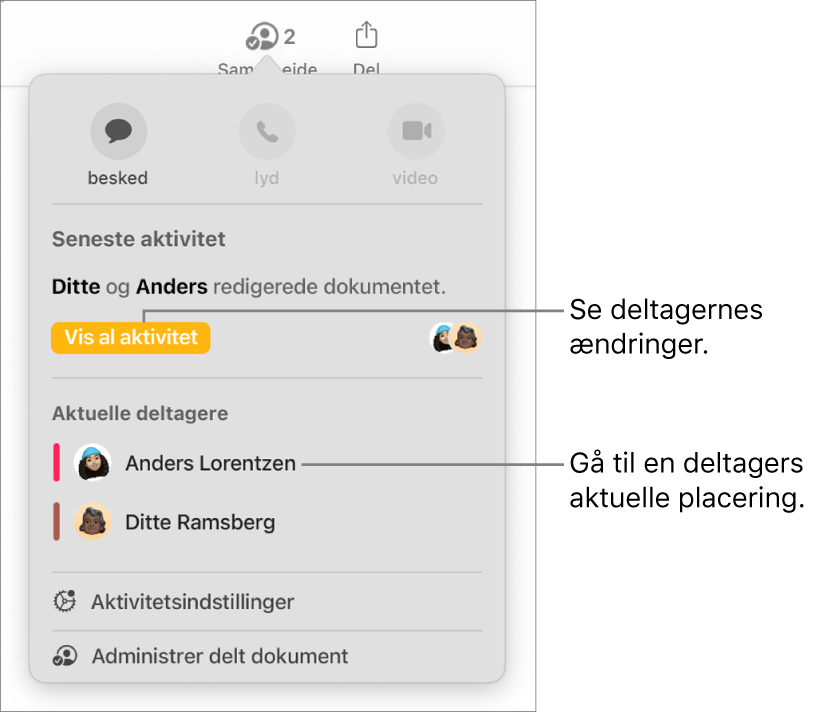 Samarbejdsmenuen, hvor to aktuelle deltagere er angivet.
