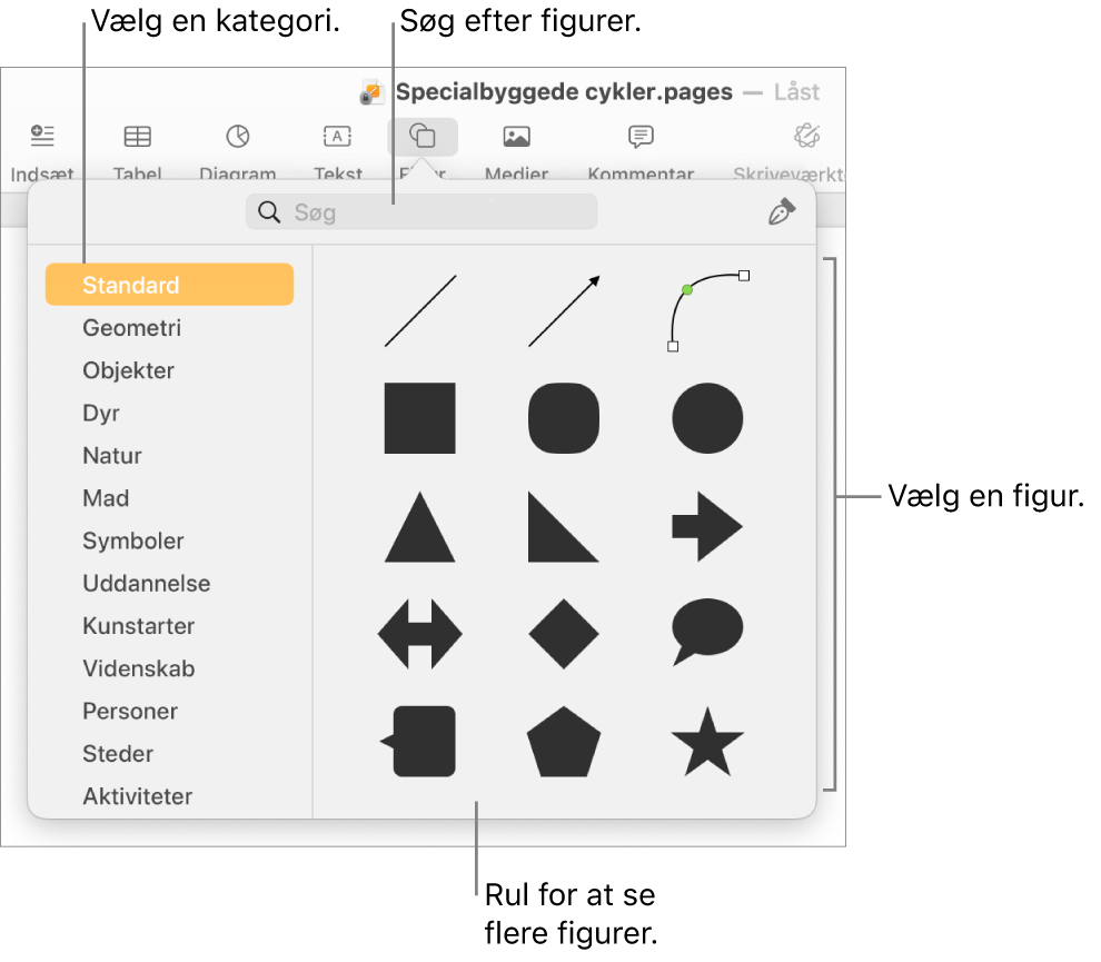 Figurbiblioteket med kategorier til venstre og figurer vist til højre. Du kan bruge søgefeltet øverst til at finde figurer og rulle for at se flere.