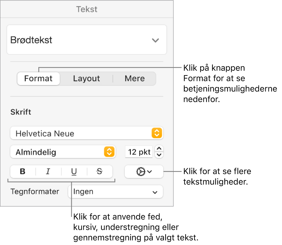 Betjeningsmulighederne til Format i indholdsoversigten Format med billedforklaringer til knapperne Fed, Kursiv, Understreget og Gennemstreget.