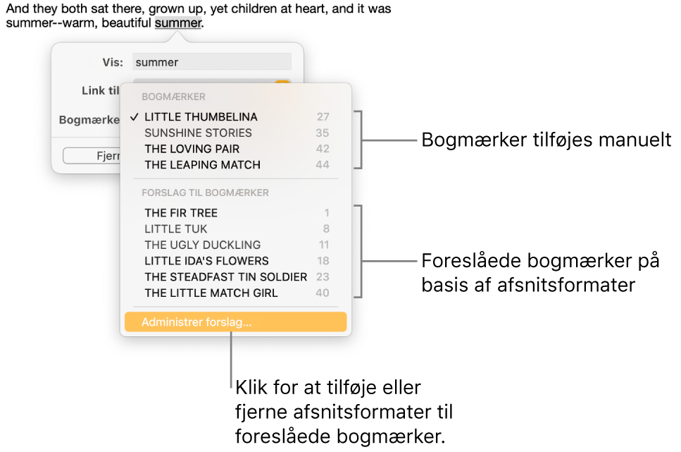 Bogmærkelisten med manuelt tilføjede bogmærker øverst og foreslåede bogmærker nedenunder. Nederst ses muligheden Administrer forslag.