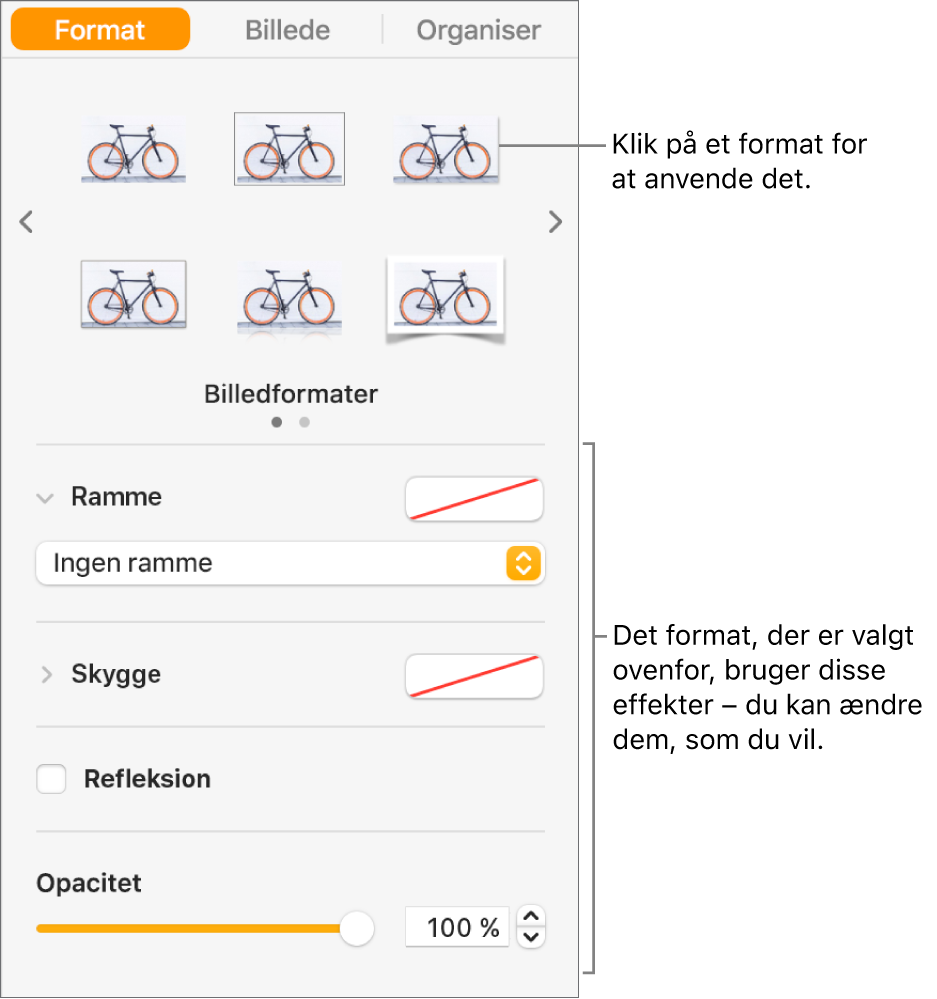 Fanen Format i indholdsoversigten Format, der viser valg til objektformater.