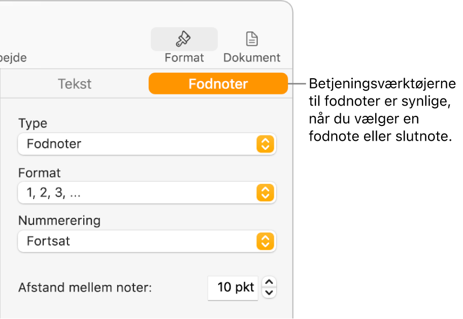 Vinduet Fodnoter med lokalmenuer til Type, Format, Nummerering og afstand mellem noter.