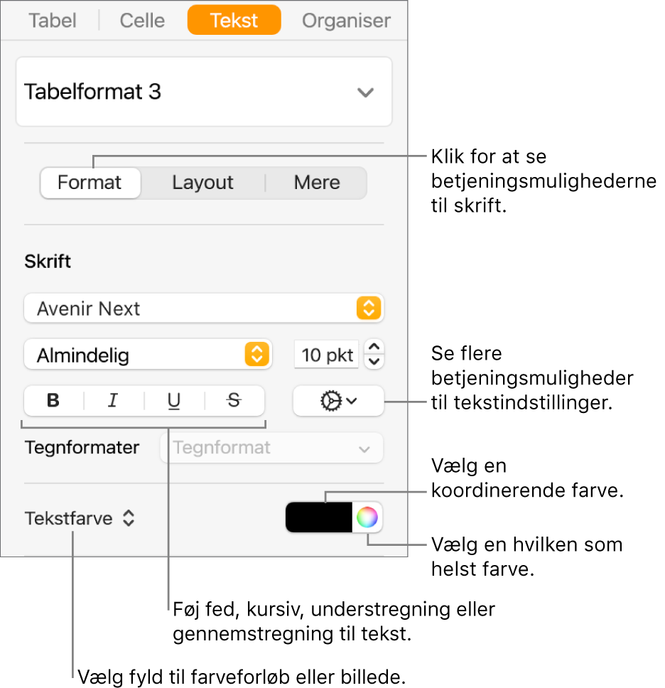 Betjeningsmulighederne til formatering af tabeltekst.