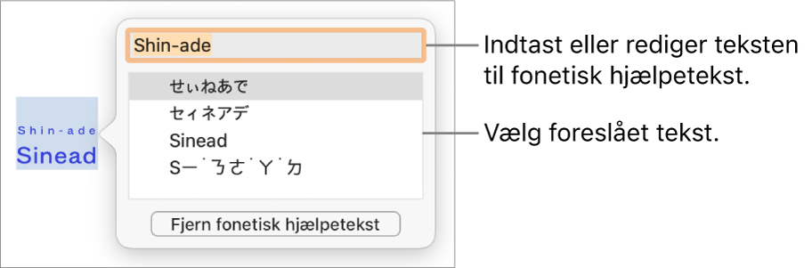 Den fonetiske hjælp åben til et ord med billedforklaringer til tekstfeltet og den foreslåede tekst.