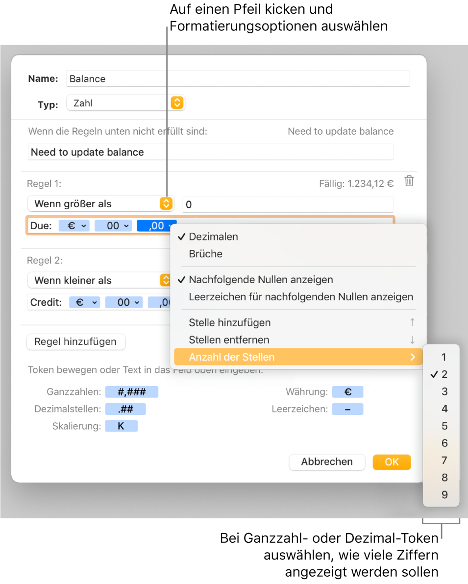 Das Fenster für ein eigenes Zellenformat mit Steuerelementen zum Auswählen eigener Formatierungsoptionen