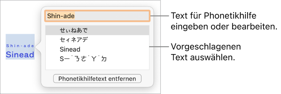 Die geöffnete Phonetikhilfe für ein Wort mit Beschreibungen für das Textfeld und einen Textvorschlag