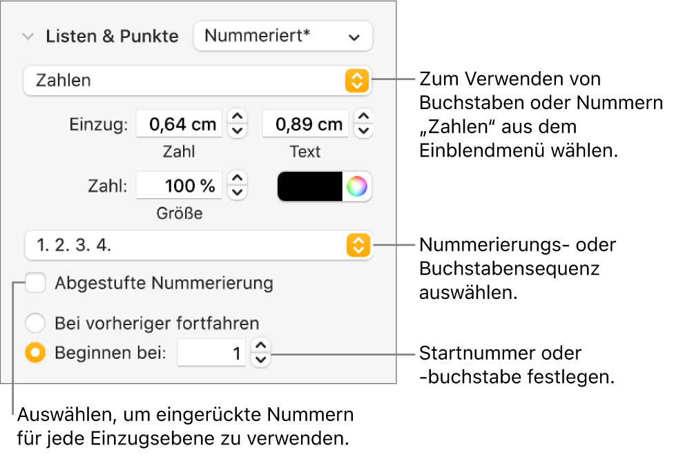 Steuerelemente zum Ändern des Zahlenstils und -abstands einer Liste