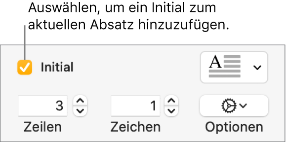 Das Feld „Initial“ ist markiert und rechts daneben erscheint ein Einblendmenü; Steuerelemente zum Einstellen der Zeilenhöhe, Anzahl von Zeichen und weitere Optionen werden darunter angezeigt.