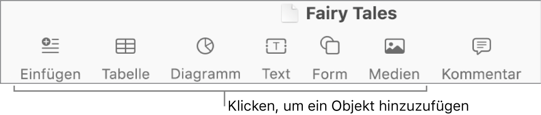 Die Symbolleiste mit Tasten zum Hinzufügen von Tabellen, Diagrammen, Text, Formen und Medien
