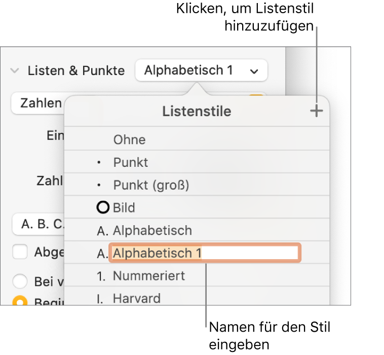 Das Einblendmenü „Listenstile“ mit einer Taste „Hinzufügen“ oben rechts in der Ecke und einem Platzhalter für einen Stilnamen, dessen Text ausgewählt ist.