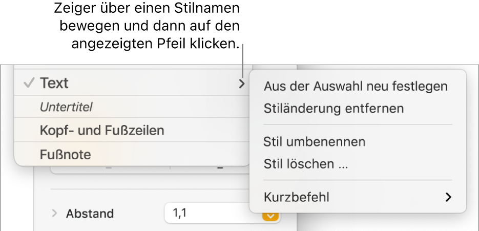 Das Menü „Absatzstile“ mit geöffnetem Kontextmenü