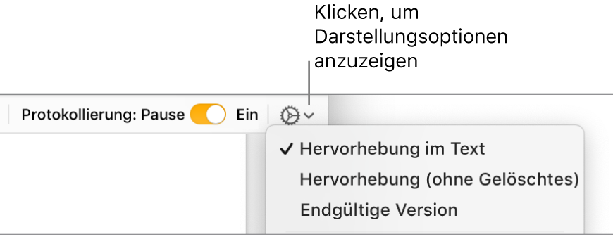 Das Menü mit den Prüfoptionen: Hervorhebung im Text, Hervorhebung (ohne Gelöschtes) und Endgültige Version