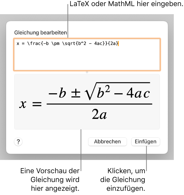 Im Dialogfenster „Gleichung bearbeiten“ wird die quadratische Formel angezeigt, die mit LaTeX in das Feld „Gleichung bearbeiten“ geschrieben wurde, darunter wird eine Vorschau der Formel angezeigt.