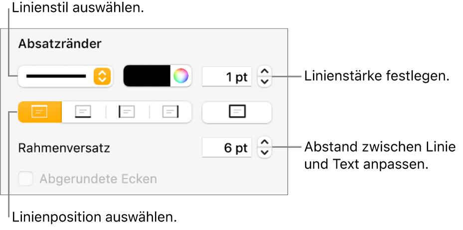 Steuerelemente, um Stil, Stärke, Position und Farbe der Linie zu ändern.