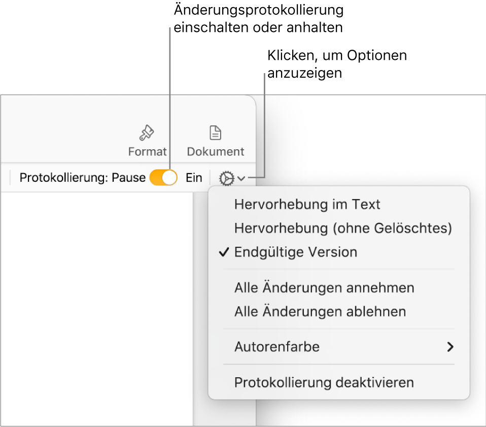 Das Menü mit dem Protokollierungsoptionen und der Option zum Deaktivieren der Protokollierung unten und einer Beschreibung der Tasten zum Aktivieren oder Anhalten der Protokollierung