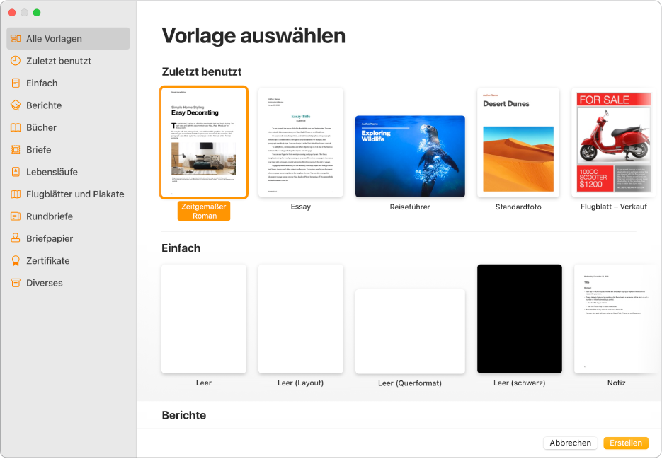 Die Vorlagenauswahl. In einer Seitenleiste links werden die Vorlagenkategorien aufgelistet, auf die du zum Filtern der Optionen klicken kannst. Rechts befinden sich die Miniaturen der vordefinierten Vorlagen in Zeilen nach Kategorie sortiert. Die Tasten „Abbrechen“ und „Erstellen“ befinden sich unten rechts in der Ecke.