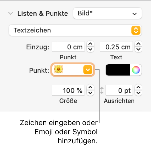 Der Abschnitt „Listen & Punkte“ in der Seitenleiste „Format“ Das Feld „Punkt“ mit einem Blumen-Emoji