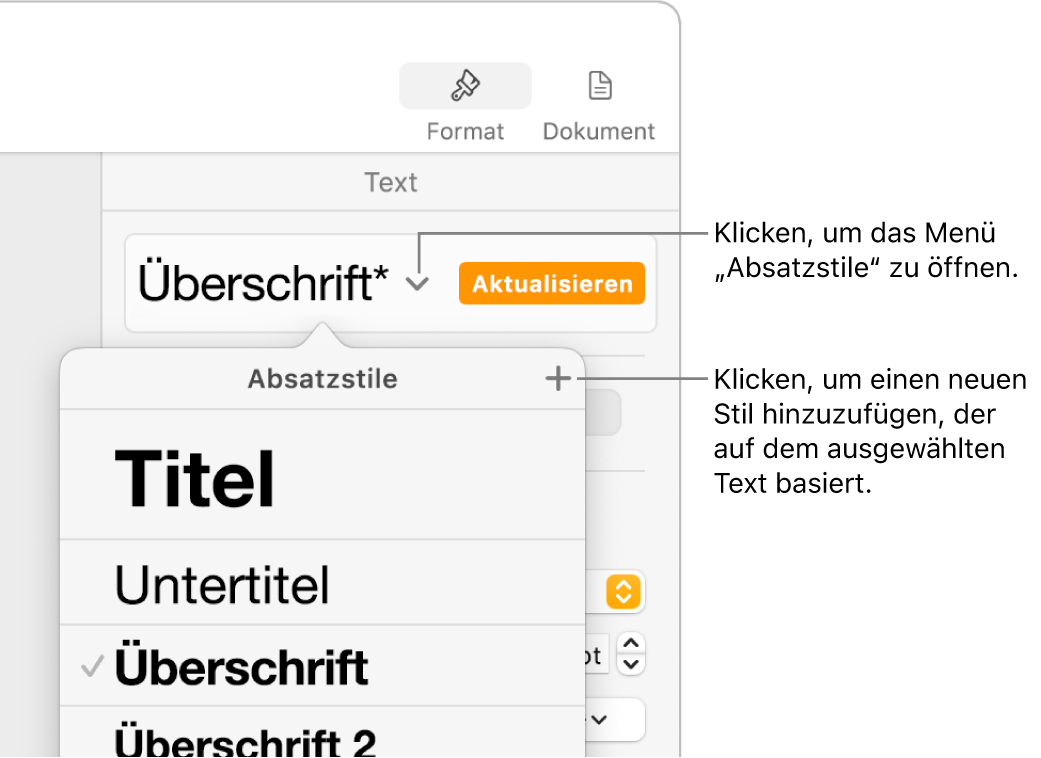 Das Menü „Absatzstile“ mit Steuerelementen zum Hinzufügen oder Ändern eines Stils