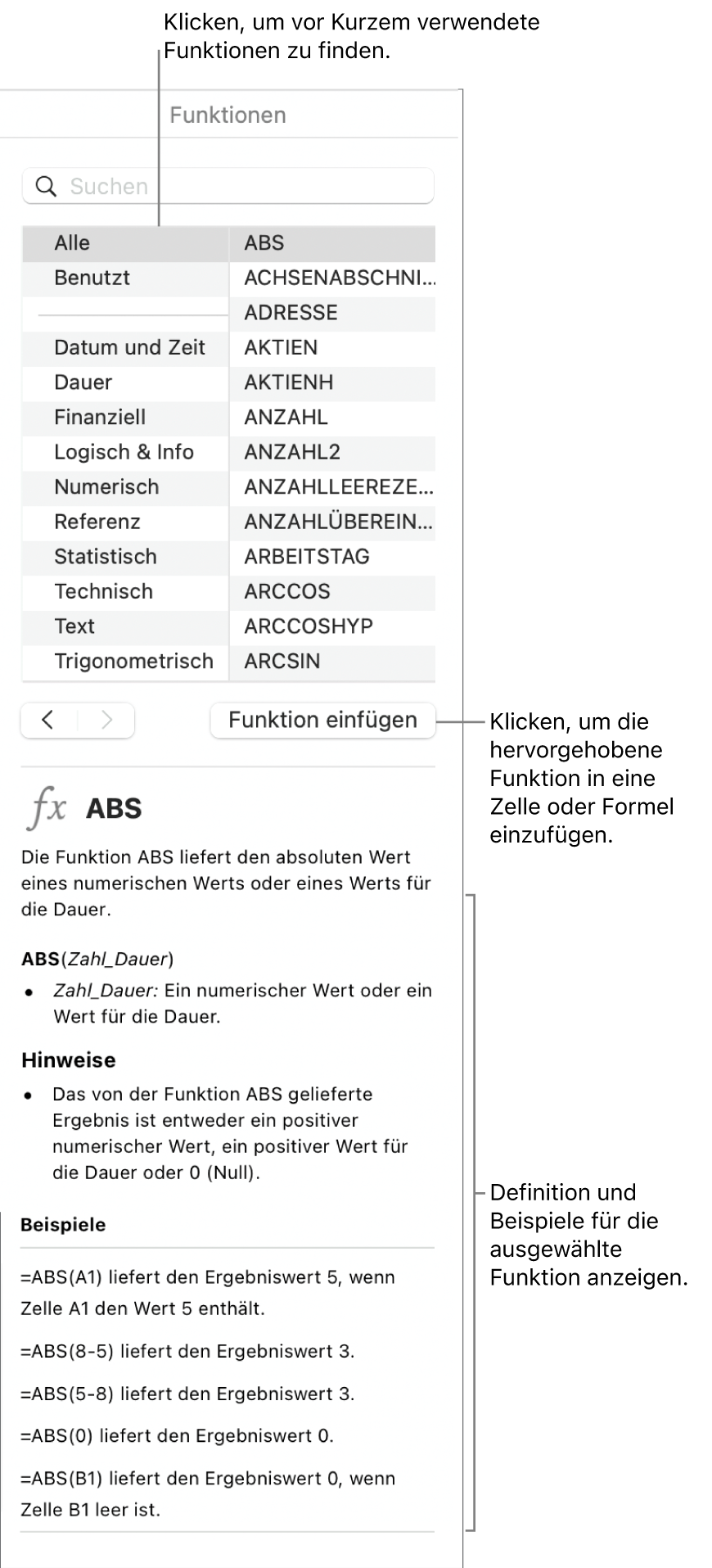 Die Funktionsübersicht mit Beschreibungen für die zuletzt verwendeten Funktionen, die Taste „Funktion einfügen“ und die Definition der Funktion