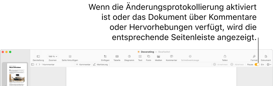 Die Pages-Symbolleiste mit aktiviertem Änderungsprotokoll und der Korrektur- und Prüfleiste darunter